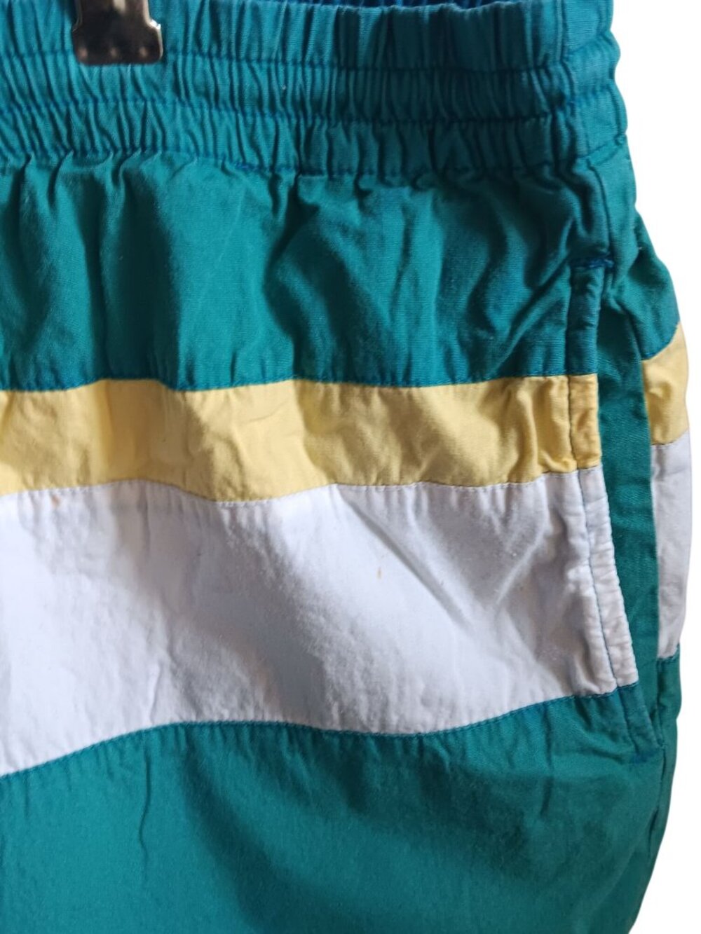 Vintage XL surf Trunks/Shorts Men's Colorblock Aqua Blue/Yellow Striped 1990's